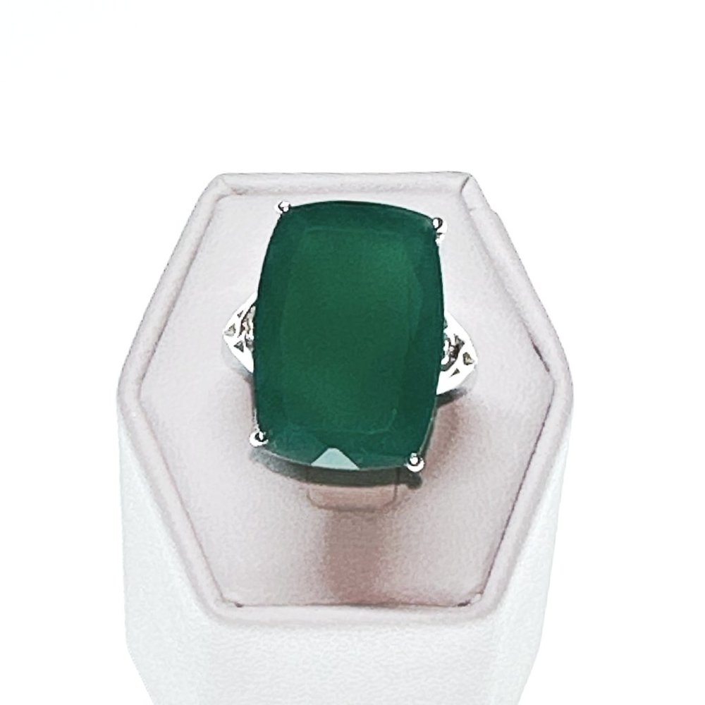 Huge Green Onyx Cushion Cut Rhodium over Sterling Silver Filigree Ring - Size 5